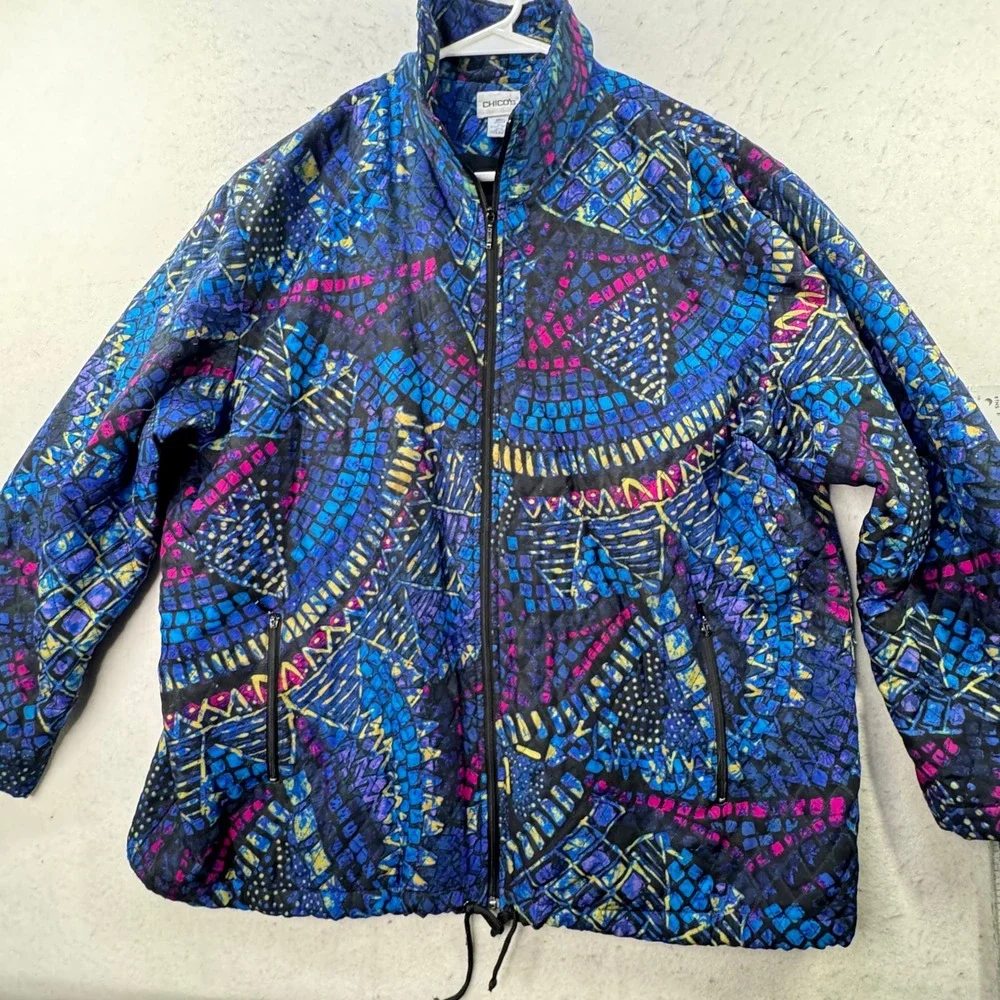 Chico's 3 Quilted Silk Bomber Jacket Women Size XL Full Zip Art to Wear Eclectic - Picture 5 of 12